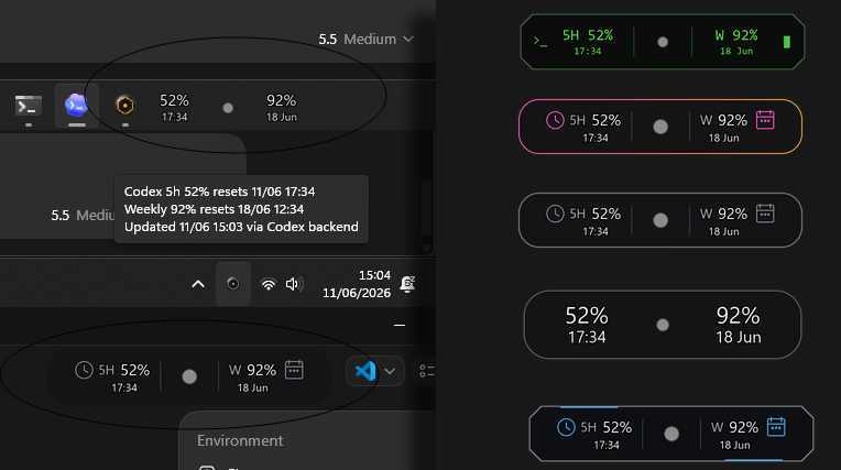 Collage of TokenPeep OSD themes and desktop positions showing Codex usage remaining